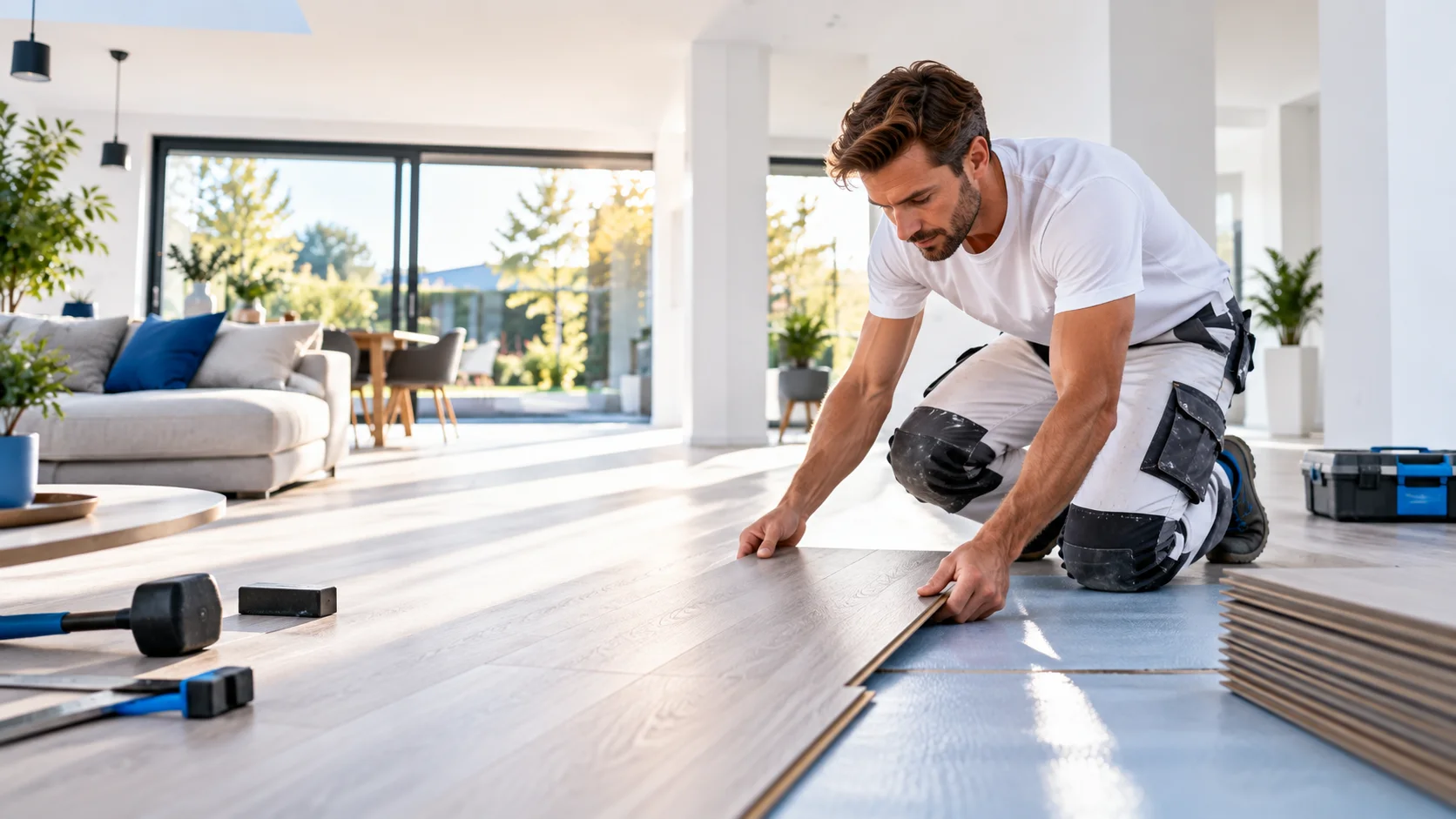 Imagebild: Handwerker verlegt einen Bodenbelag