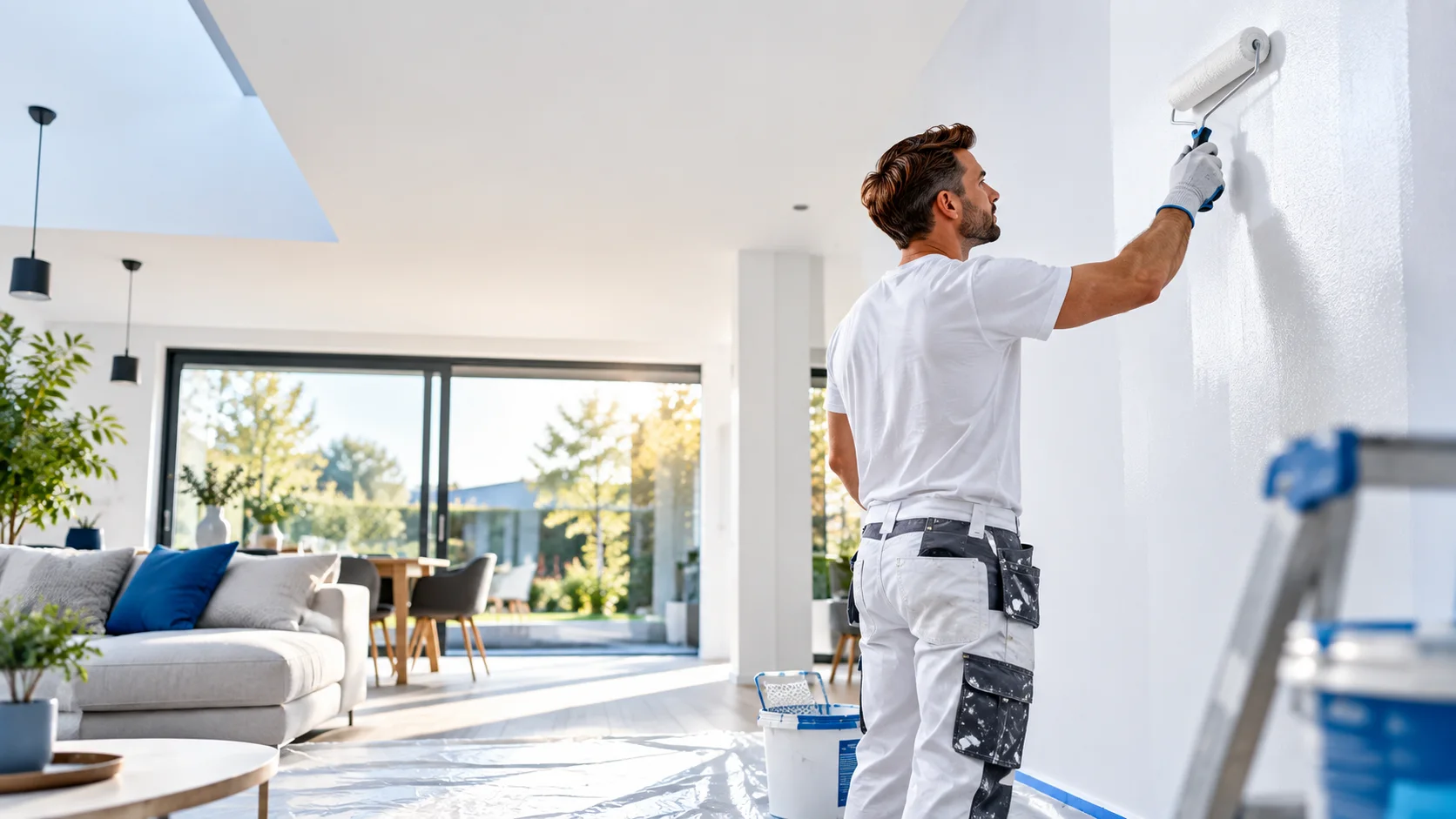 Imagebild: Maler streicht eine Wand in einem hellen Wohnraum